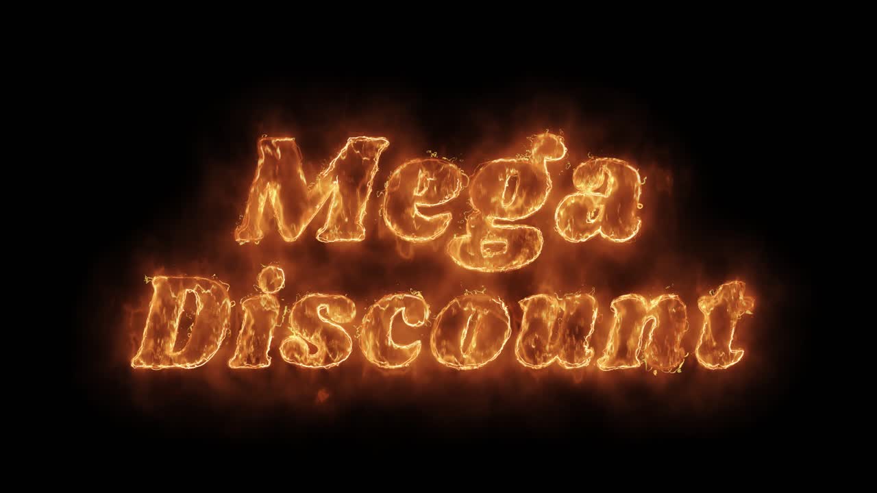 Mega discount word hot animated burning realistic fire flame and smoke seamlessly loop animation on