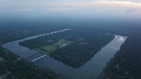 static aerial timelapse of angkor wat in the light of the sunset in cambodia