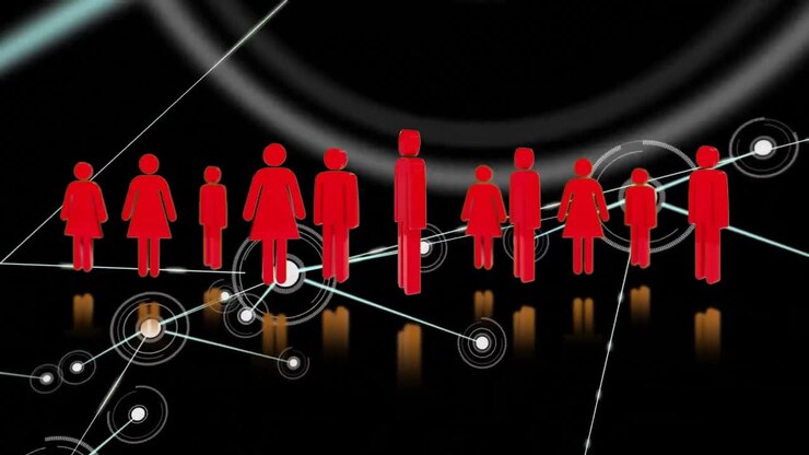 Animation of connections over people silhouettes on black background