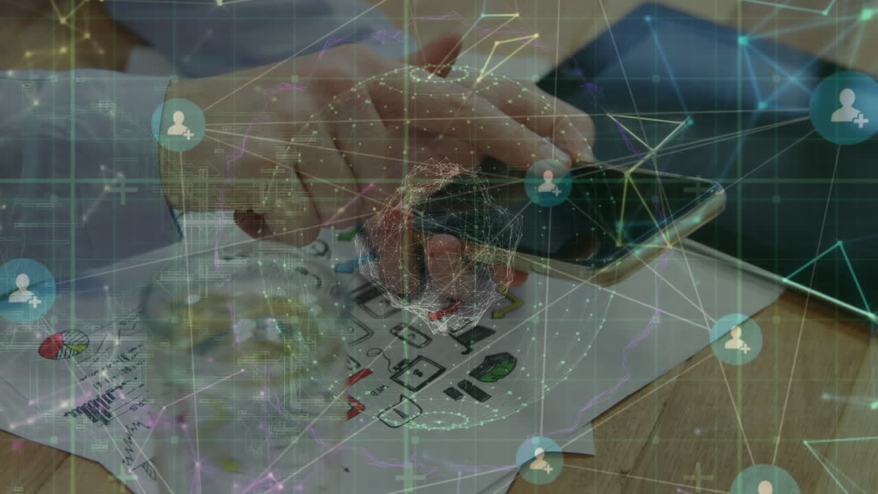 태블릿을 사용하는 여성 위의 지구와 연결의 애니메이션