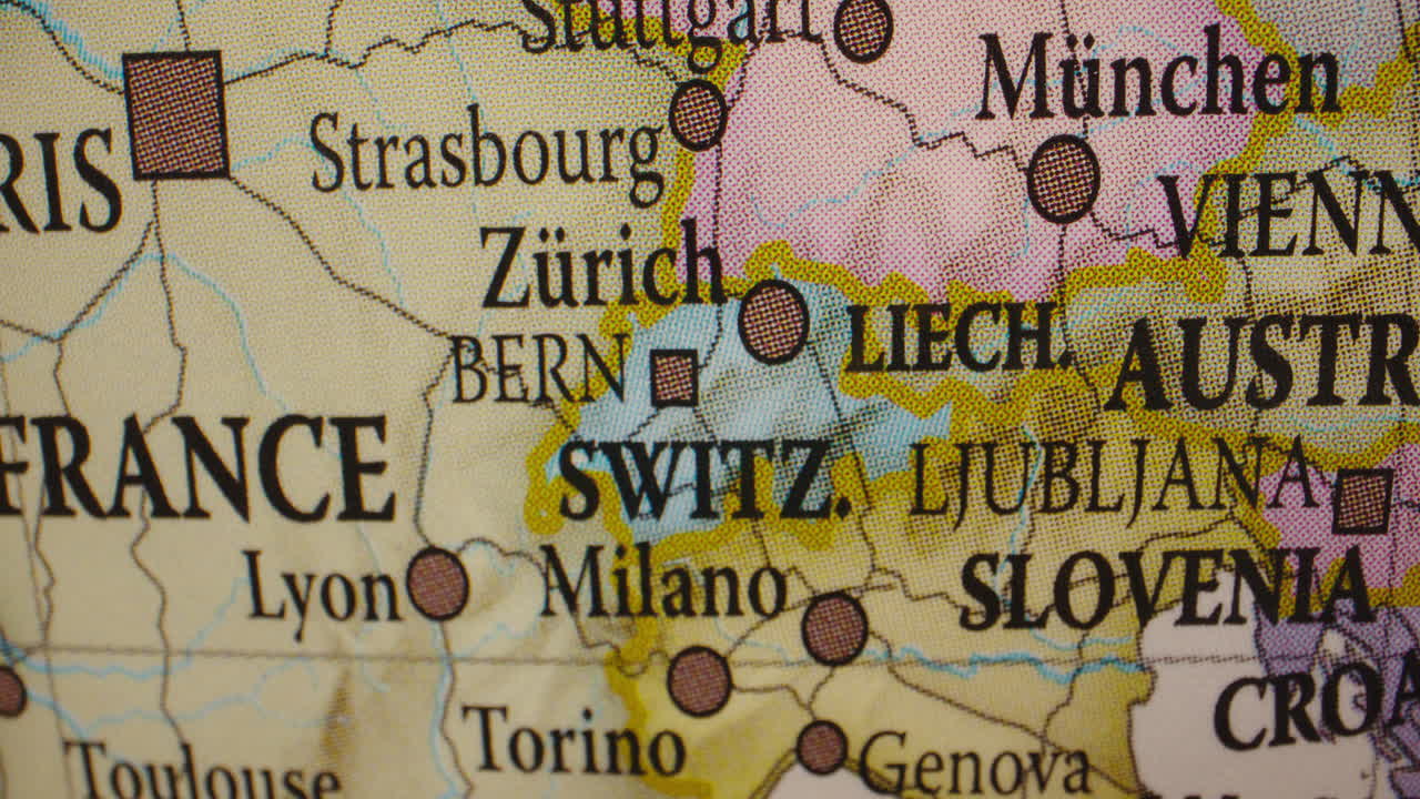 Close-up of a map of Europe showing France, Switzerland, Austria, and Slovenia