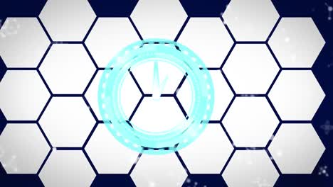 animation of moving clock over molecules and hexagons on blue background