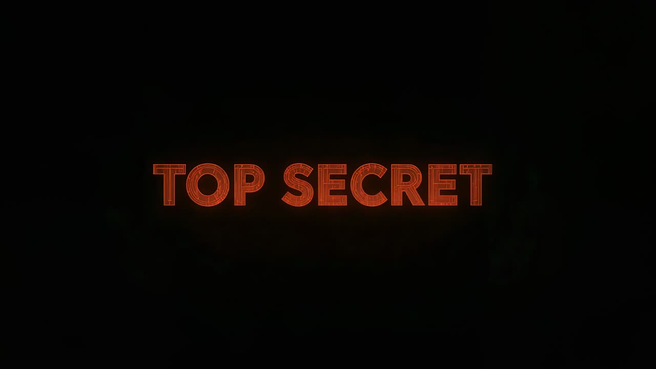 Starting animation, orange-glowing TOP SECRET text brightening on dark studio, for title reveal