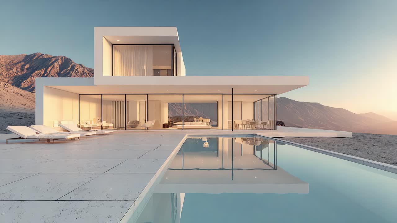 Fantastisk, moderne arkitektur i en minimalistisk villa med udsigt over et smukt bjerglandskab i skumringen med reflekterende pool og elegant udendørsområde