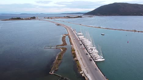 Lefkada-Floating-Bridge-Road-Connect-to-Greece-Mainland---Aerial-Ascending-Pedestal