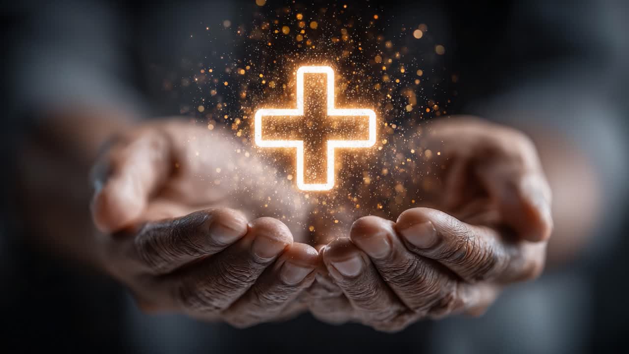 Illuminated Hands Cradling a Glowing Plus Sign, Symbolizing Health, Healing, and Hope in a Dynamic and Ethereal Setting with Sparkling Effects