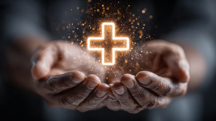 Illuminated Hands Cradling a Glowing Plus Sign, Symbolizing Health, Healing, and Hope in a Dynamic and Ethereal Setting with Sparkling Effects
