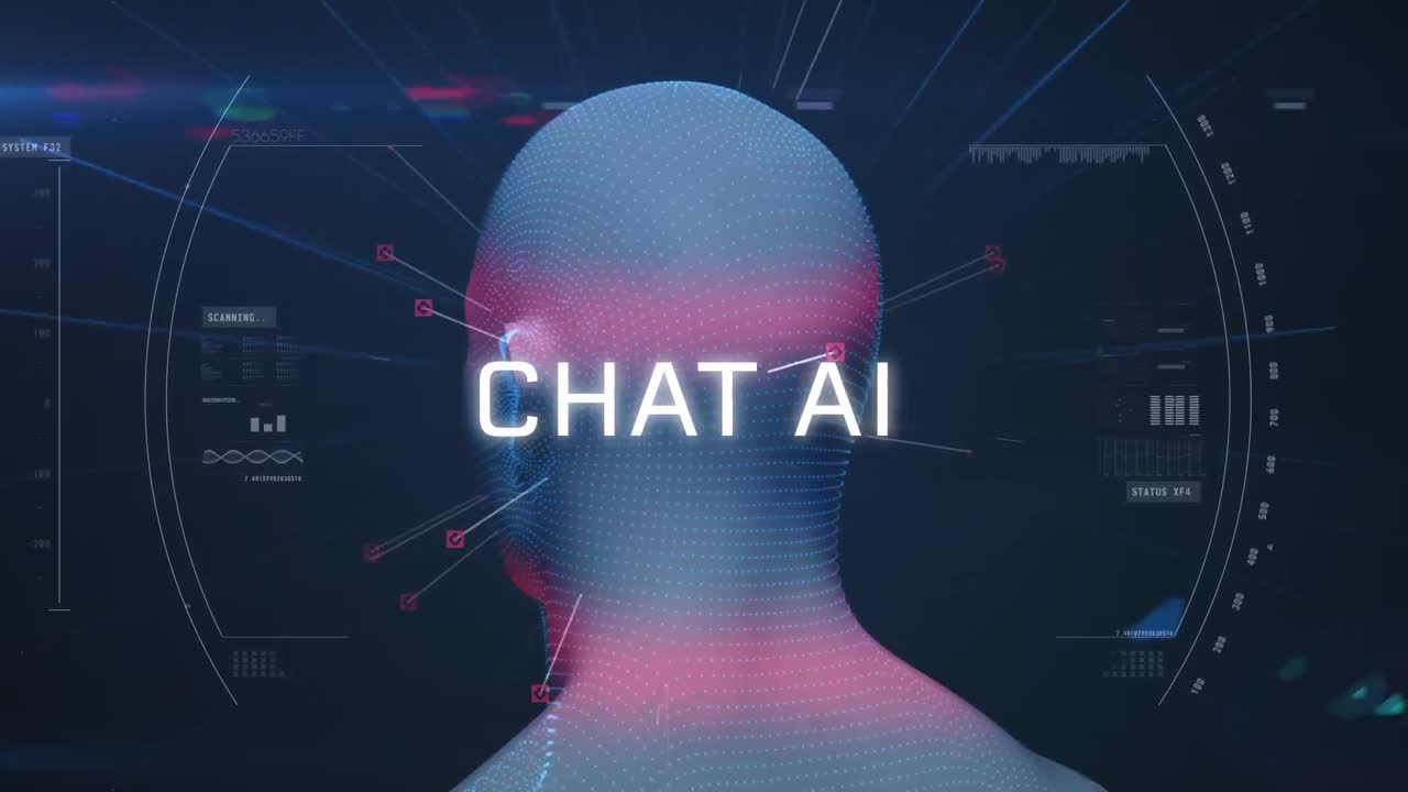Animation of artificial intelligence chat text and data processing over human head
