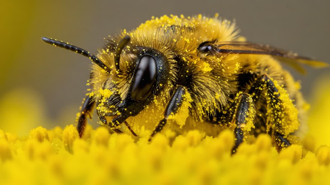 Detailed Close-Up of a Pollen-Laden Bee Collecting Nectar from Vibrant Yellow Flowers, Showcasing the Beauty of Pollination in Nature