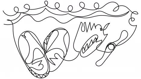 self-drawing of flip-flops by the sea in one line on a white screen.