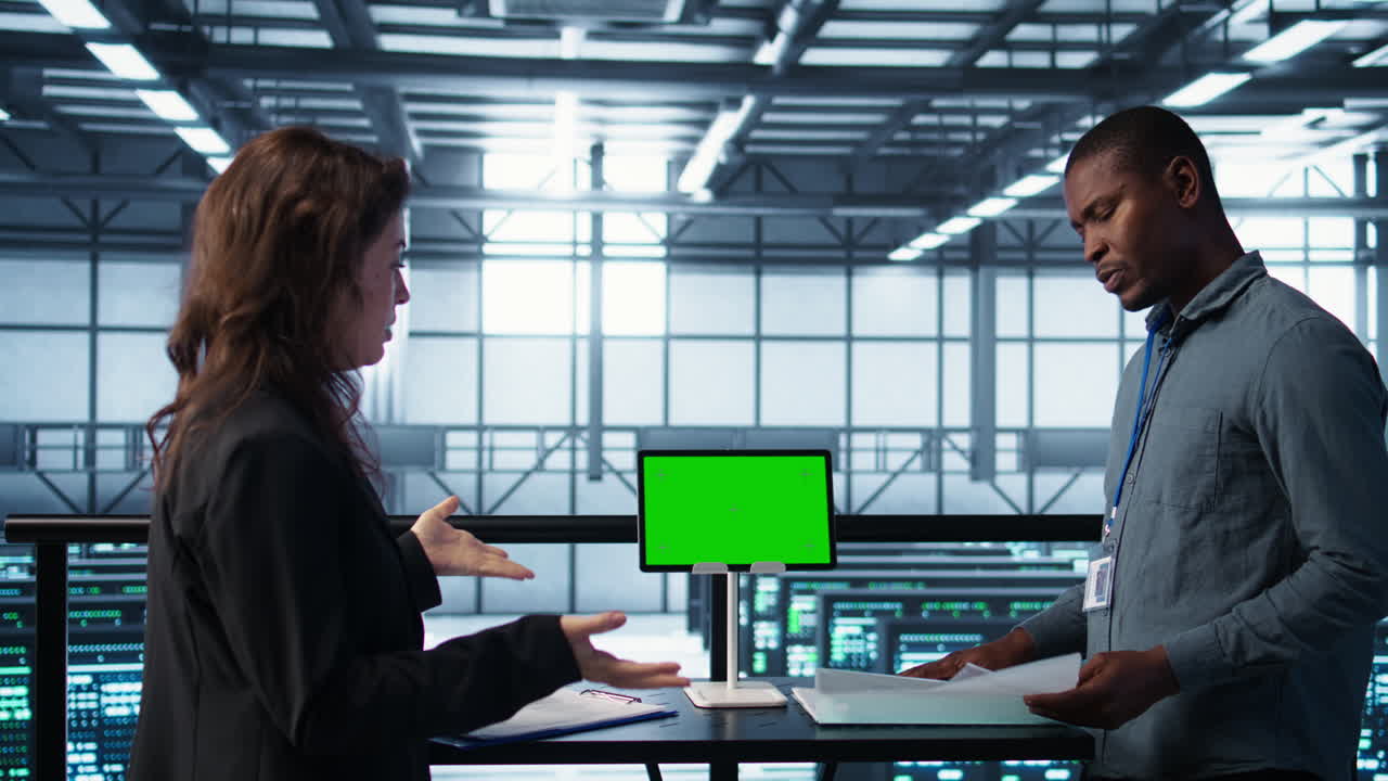 엔지니어가 모 장치와 함께 서버 을 감독하고 문서를 읽습니다.