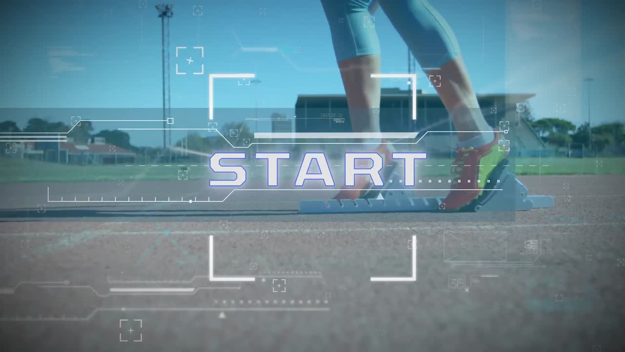 출발 블록에 서 있는 여성 선수에 대한 출발 텍스트 및 데이터 처리 범위