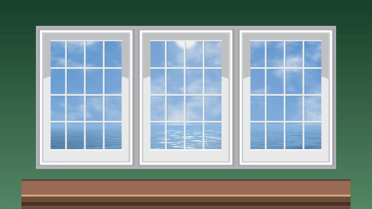 Cartoon animation of a three-pane window overlooking a bright blue sky and tranquil sea.
