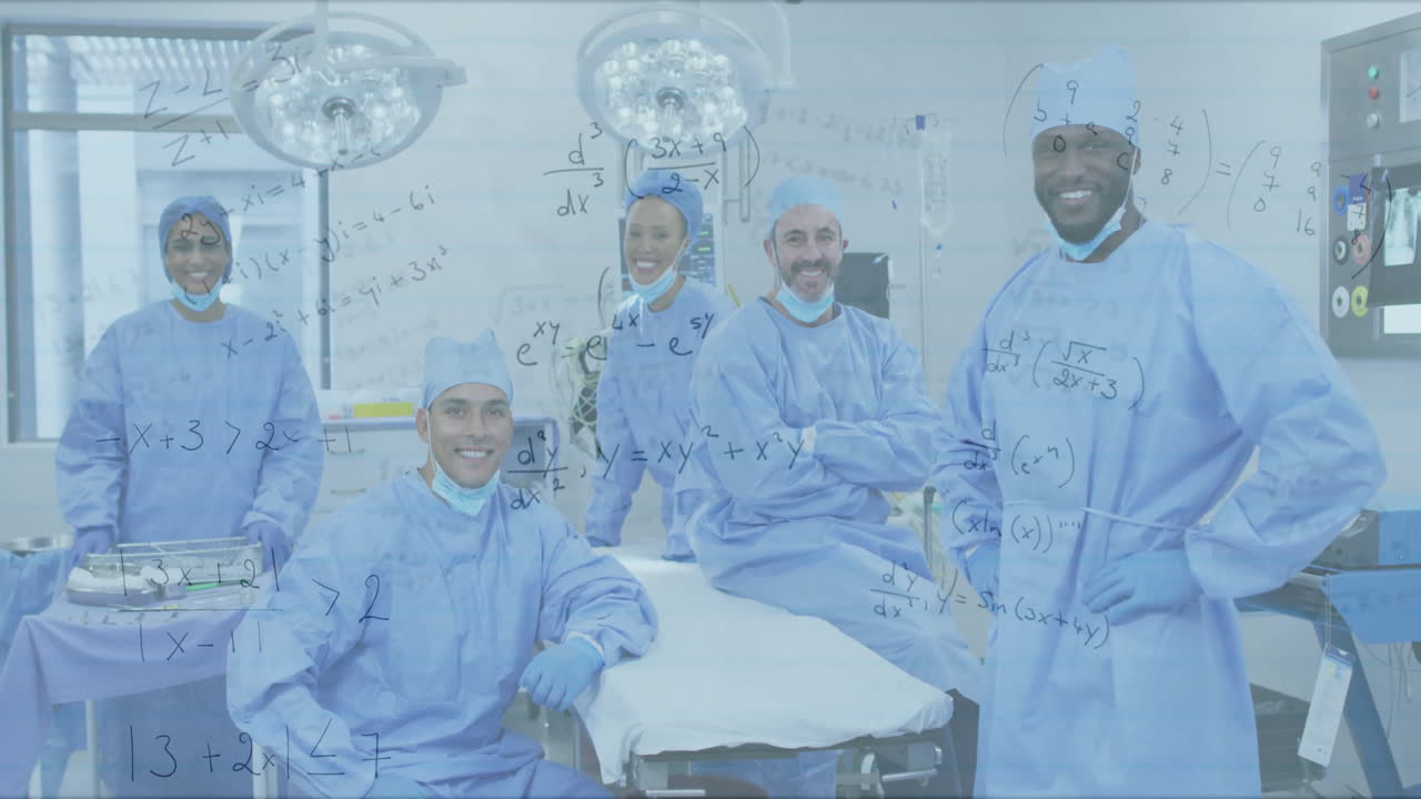 Surgical team collaborating in operating room, showing animated health data chart and heart icon