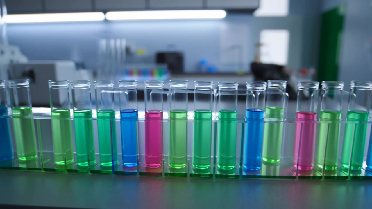 Rows of transparent test tubes filled with bright colored liquids rest on a laboratory bench, with a modern science workspace softly blurred in the background
