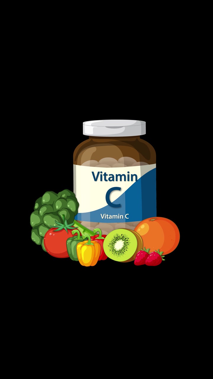 Animazione di una bottiglia di Vitamina C con frutta e verdura che appaiono, su sfondo nero, in stile piatto.