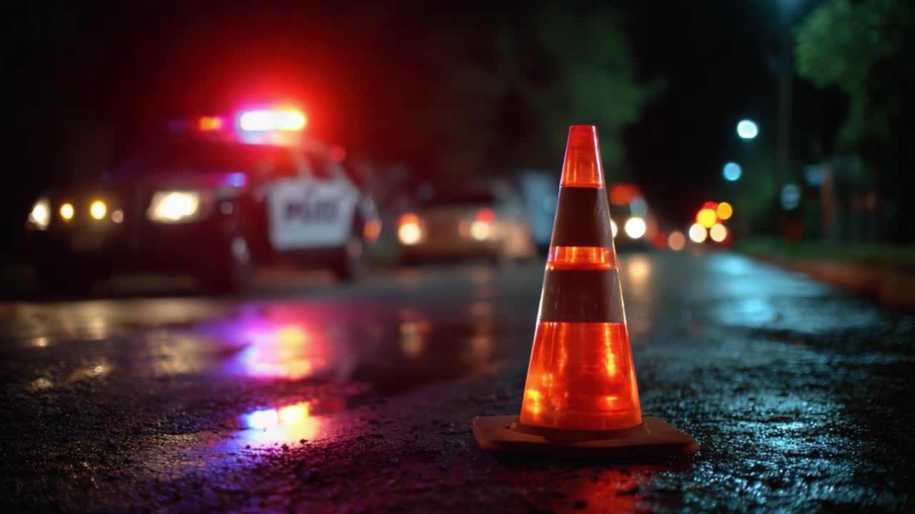 Nighttime Scene Featuring Emergency Vehicles and Traffic Cones Demonstrating Public Safety During a Nighttime Incident With Reflections on Wet Pavement