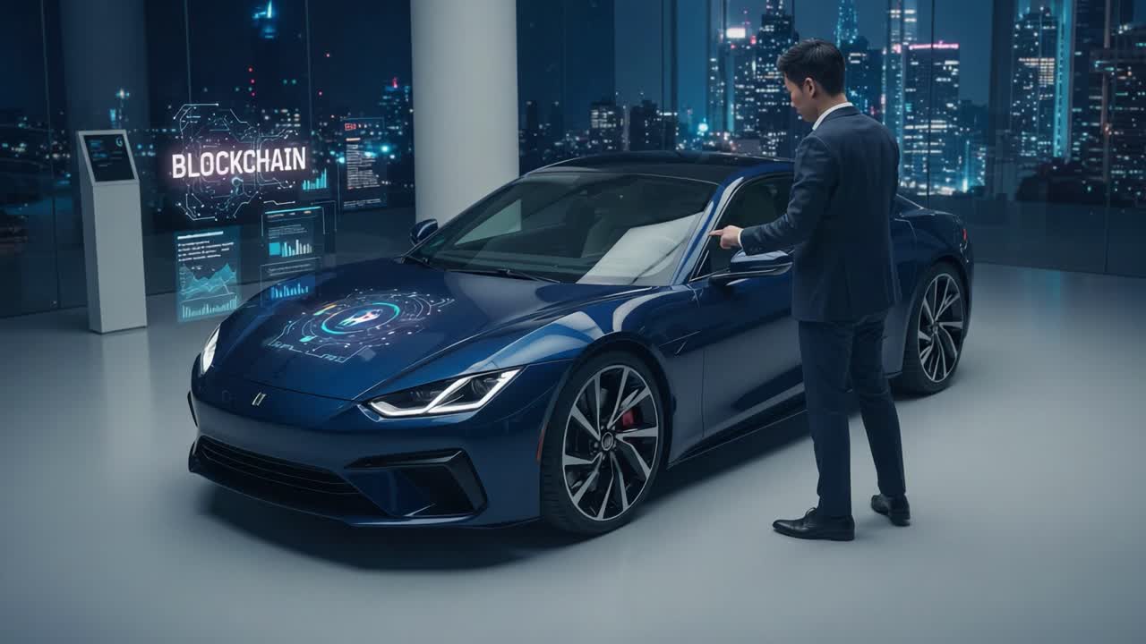 A businessman interacts with a futuristic vehicle showcasing advanced blockchain technology in a sleek, modern setting, embodying innovation and cutting-edge design