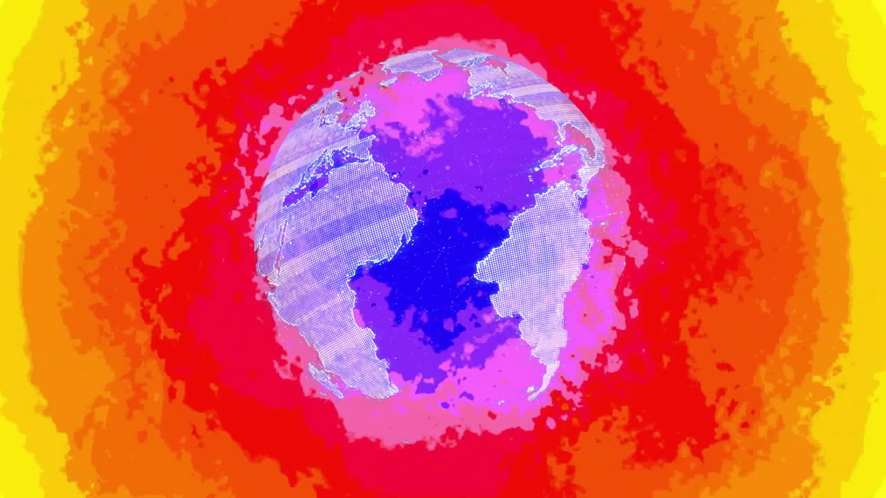 Animation of globe rotating over changing brightly coloured blurred rings