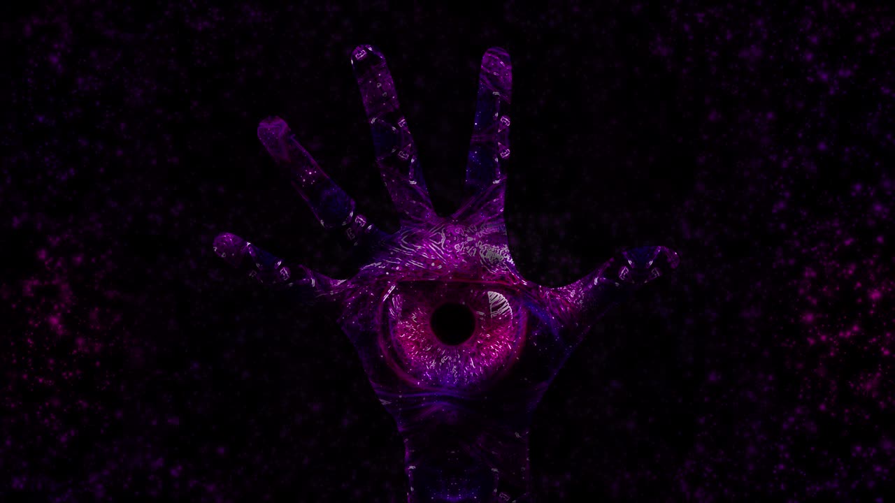 la mano es el ojo. esoterismo. 4k. místico. clarividencia. proyección de gráficos en una palma de la mano 3d.