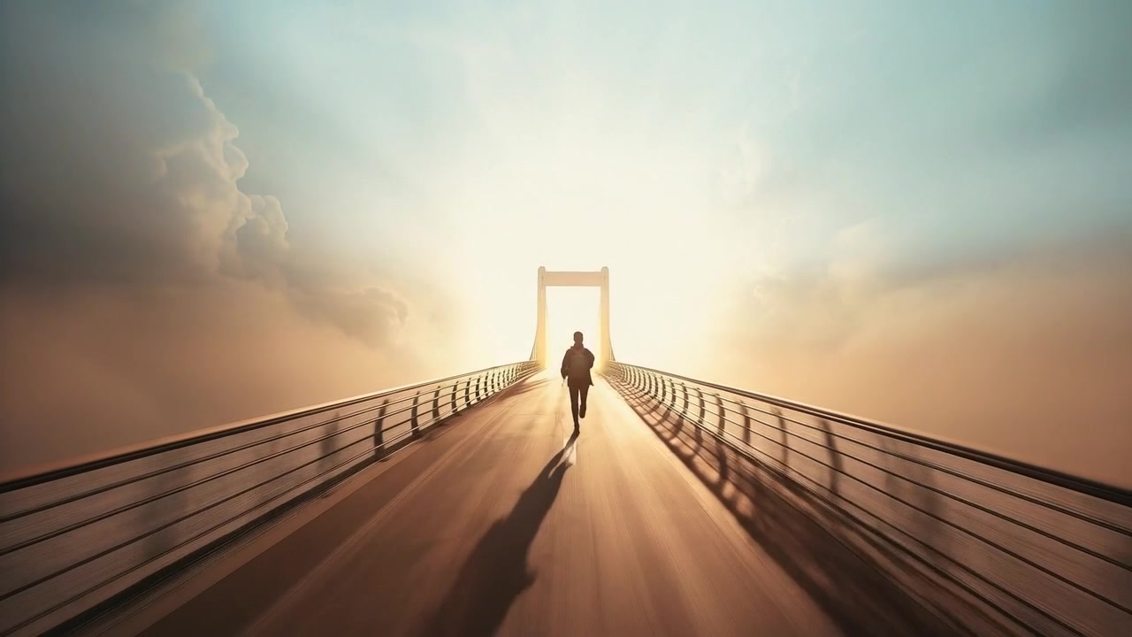 Silhueta caminhando com casaco escuro, acelerando para uma corrida em uma ponte em direção a um arco brilhante, enquanto a luz aumenta.