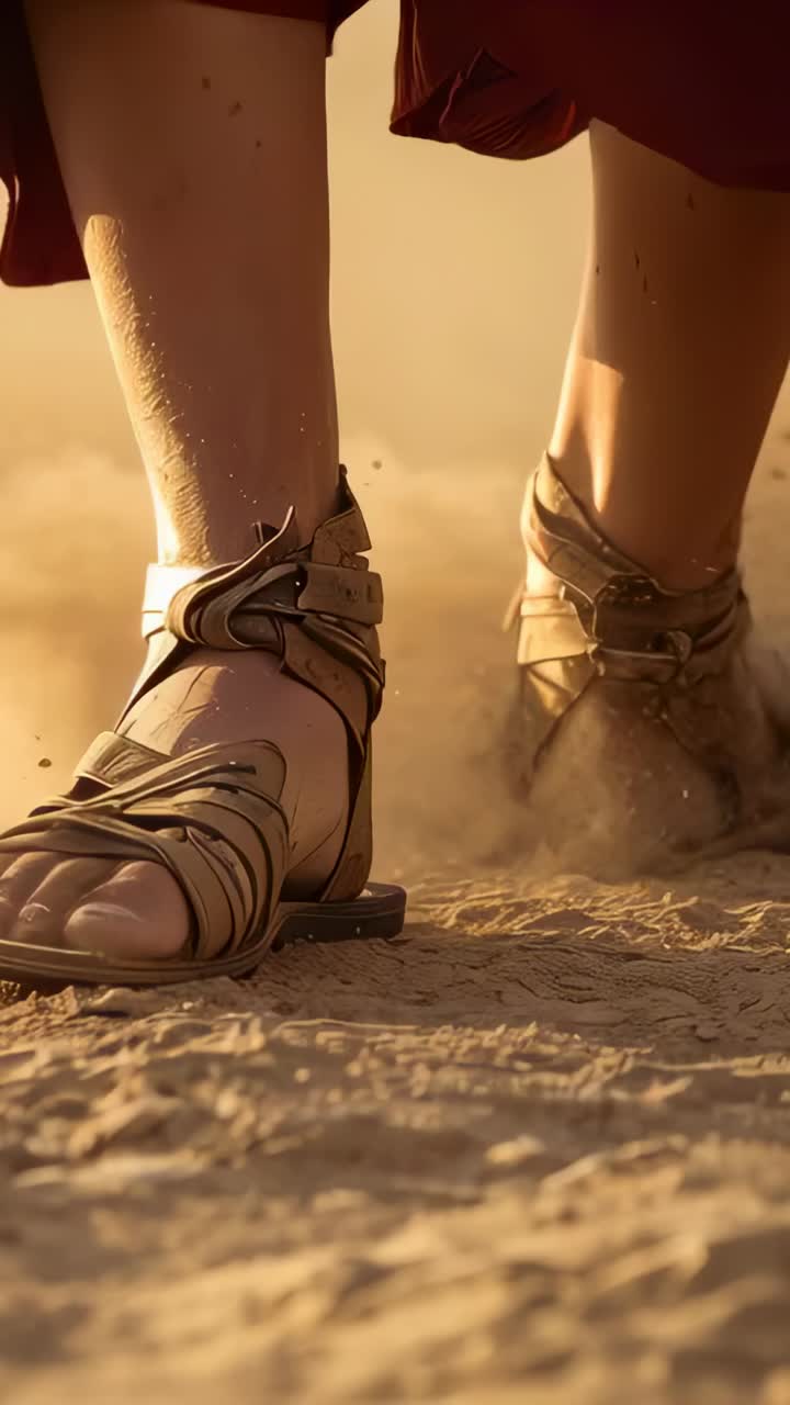 Vertical video: Sandal touching sand starting lower legs walking to sun with rust skirt and sandals