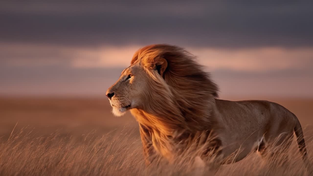 Majestic Lion in the Serengeti: A Breathtaking Display of Nature's Majesty, Captured at Sunset with Golden Waving Grass as the Lion Observes Its Surroundings
