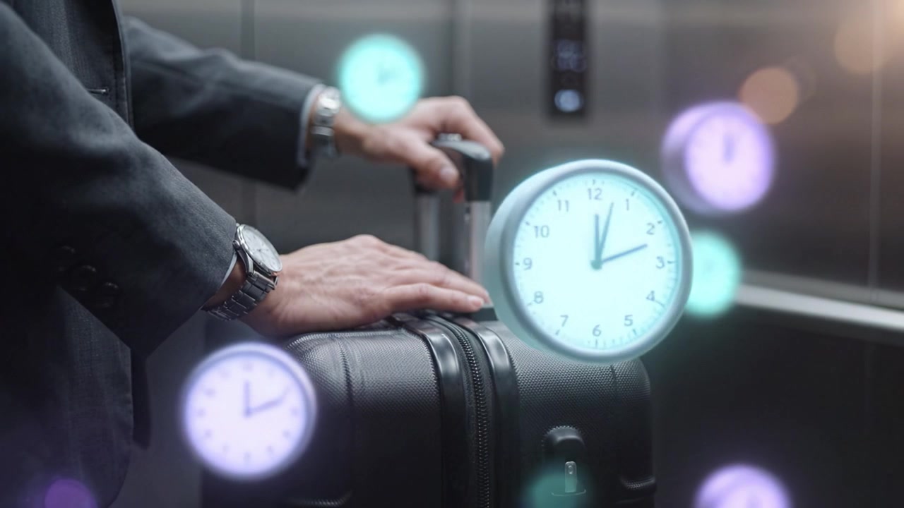 A Business Traveler Waiting in an Elevator with a Suitcase, Displaying an Atmosphere of Anticipation and Timeliness in a Modern Urban Environment