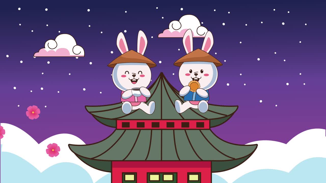 건물에서 차를 마시고 쿠키를 먹는 토끼와 함께 가을 중순 축제 애니메이션