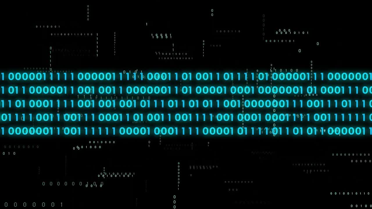 Animation of ai data processing over binary coding and dark background