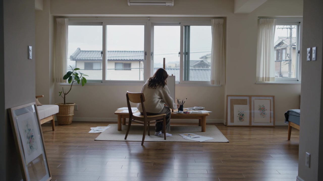 自宅スタジオで、セーターを着た女性アーティストが座って筆に手を伸ばし、キャンバスに絵の具を塗る。