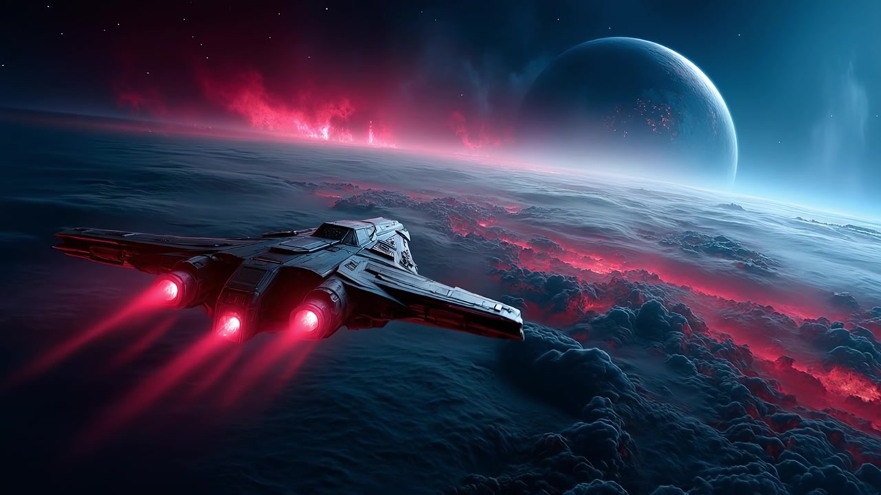 Sci-fi-avaruusalus lentää planeetan pinnan yllä hehkuvien punaisten pilvien ja kaukaisen kuun kanssa.