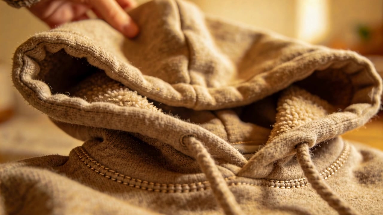 Eine Hand greift hinein, berührt und hebt einen gefütterten Kapuzenpullover auf einem Holztisch zu Hause an, wobei Futter und Kordeln sichtbar werden.