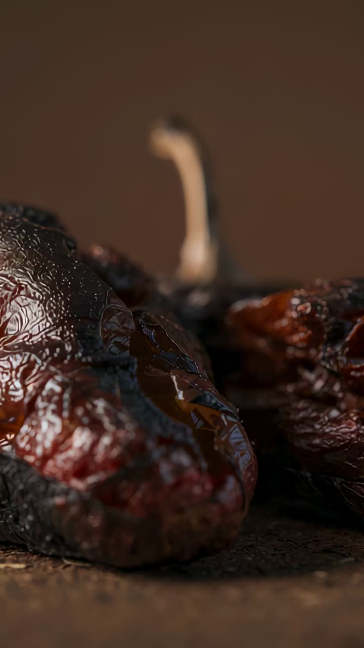 Vertical video: Revealing dried chilies with camera shifting focus on dark tabletop, warm backdrop
