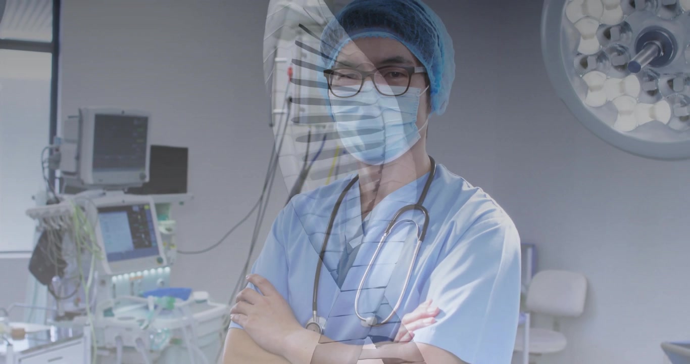 Dokter Pria Berdiri di Ruang Bedah, Menampilkan Grafik Data Medis Animasi dan Ikon Stetoskop