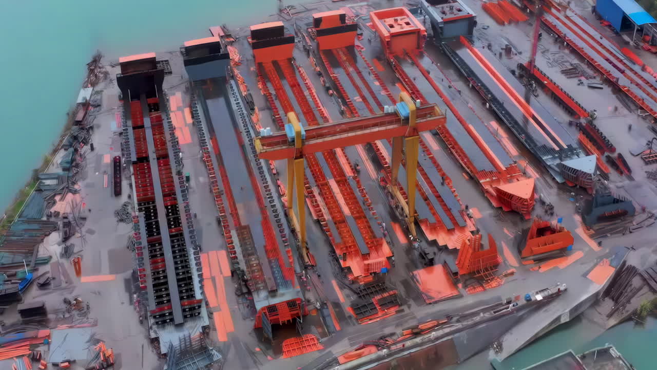 vista de cerca astilleros industria del acero puerto fábrica de buques tiro real, la construcción de un gran barco en un astillero con grúas