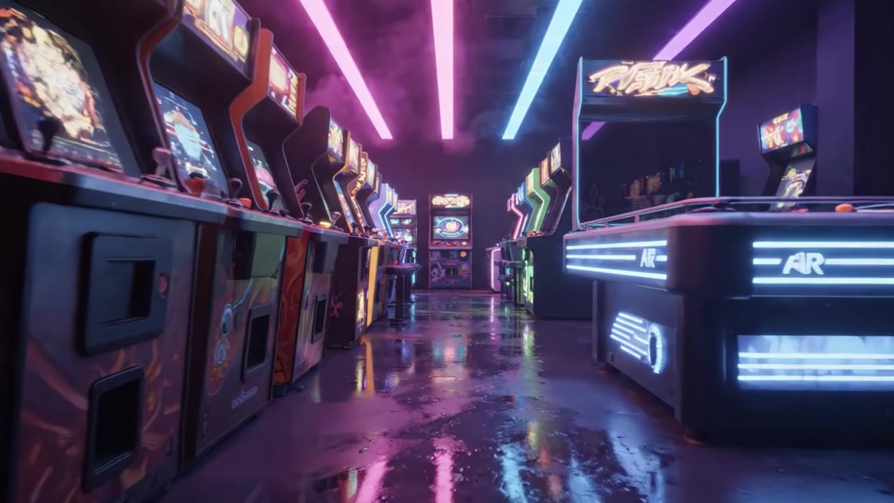 A Nostalgic Arcade Experience Captured in Two Frames: Neon Lights Reflected on Wet Floors in a Delighted Gaming Environment