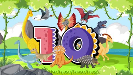 dinosaurs gather in a colorful landscape, culminating in a playful display of the number ten