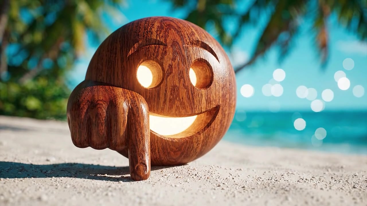 Um Emoji de Madeira Criativo com uma Expressão Alegre Contra um Belo Cenário de Praia, Enfatizando Diversão e Ludicidade Sob um Céu Brilhante