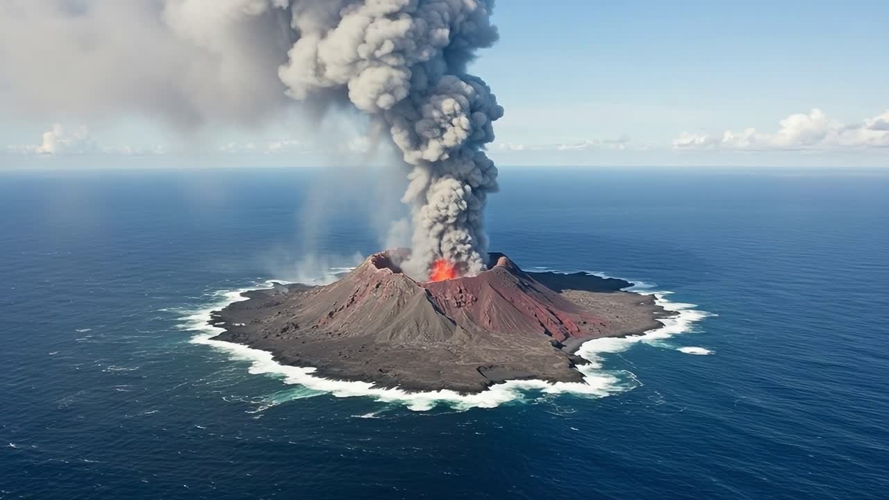 Spectacular Eruption of a Volcano, Showcasing Lava Flow, Ash Clouds, and Surrounded by the Vast Ocean in a Breathtaking Aerial View