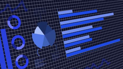animación de la interfaz con el procesamiento de datos estadísticos a través de la red de red contra un fondo azul