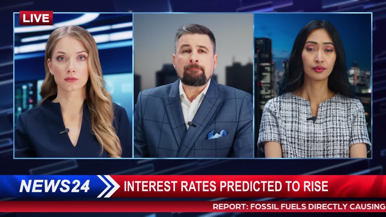 Split Screen TV News Live Report: Anchor Talks. Reportage Montage Covering: Economy, Business, City, Traffic, Green Solution, Real Estate Development. Television Program Channel Playback. Luma Matte