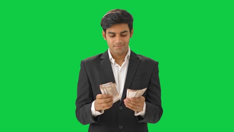 Glücklicher-Indischer-Manager,-Der-Geld-Zählt,-Grüner-Bildschirm