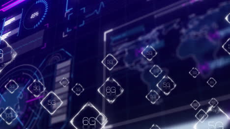 animation of 5g and 6g technology symbols floating over digital world map