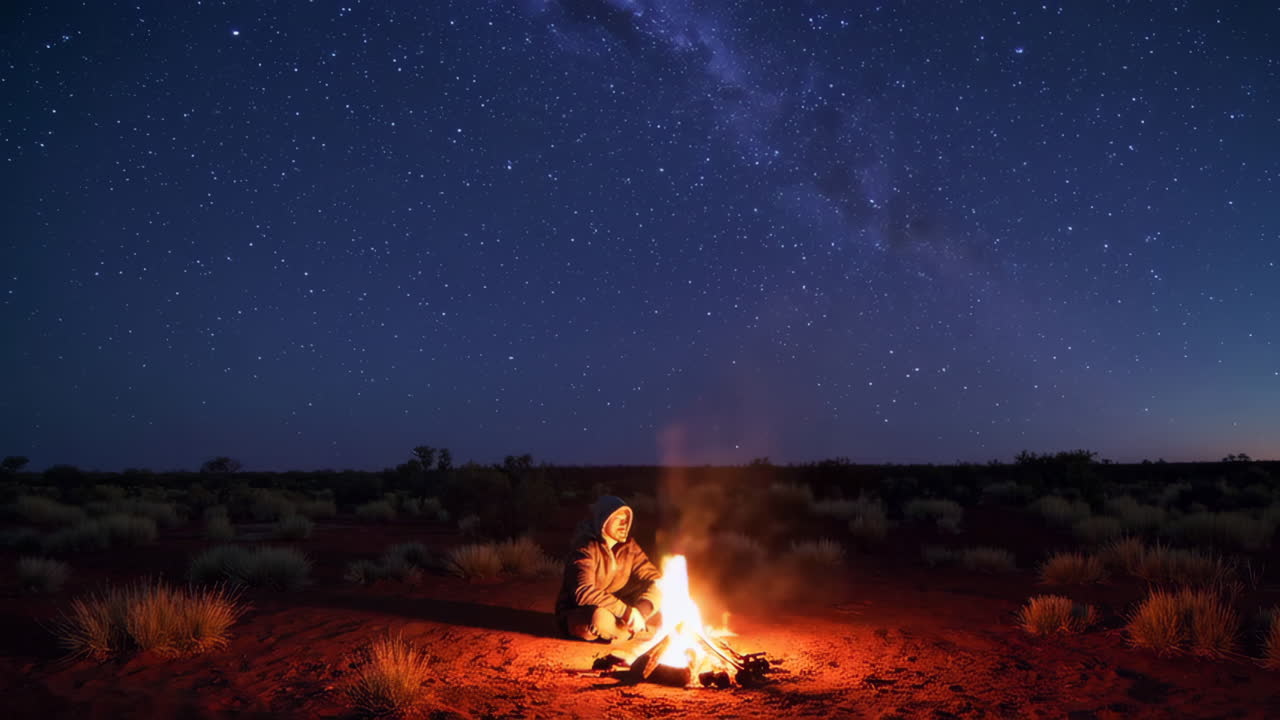 Observação de estrelas junto a uma fogueira no deserto