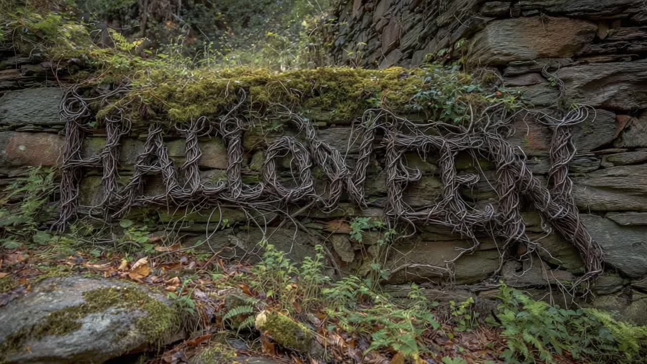 Spooky Halloween lettering made from twisted bare branches on an ancient, moss covered stone wall in a dark and mysterious forest, creating a creepy and eerie atmosphere for the holiday