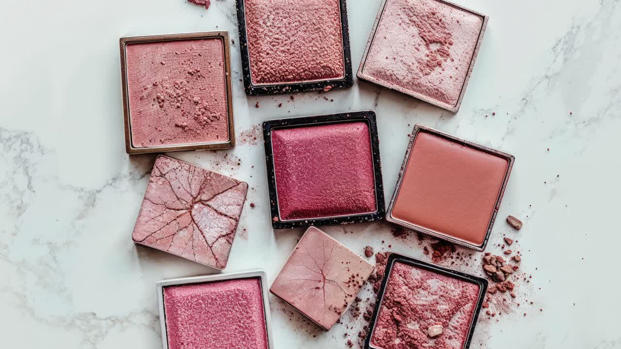 다양한 색조의 분홍색과 장미 메이크업 제품