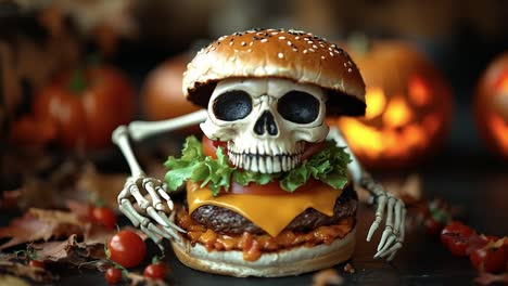 skeleton burger halloween decor. a skeleton-themed burger sits among pumpkins and autumn leaves, creating a fun and spooky atmosphere for halloween.