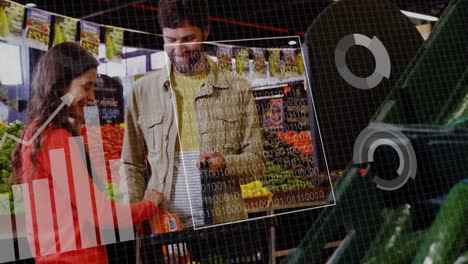 animation of data processing over caucasian couple grocery shopping