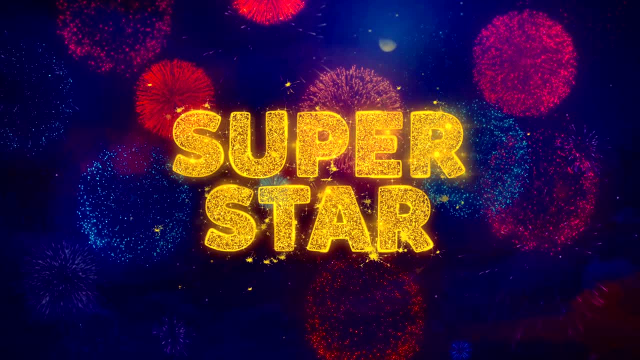 슈퍼 스타 텍스트는 다채로운 불꽃놀이 폭발 입자입니다.